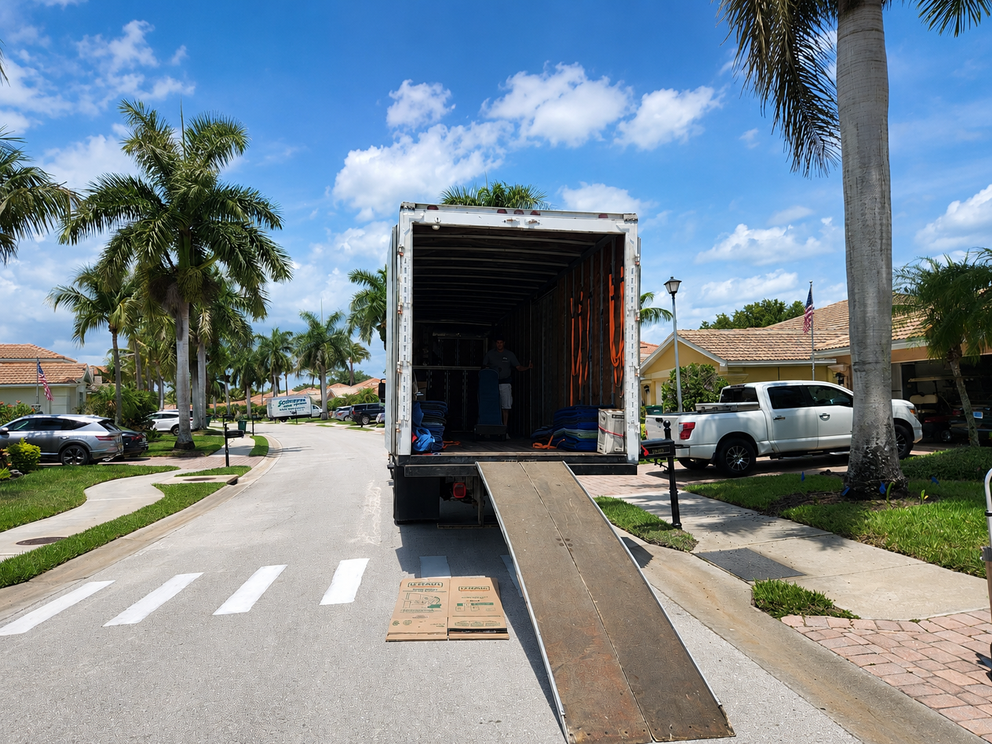 Moving truck with ramp ready in a Florida neighborhood